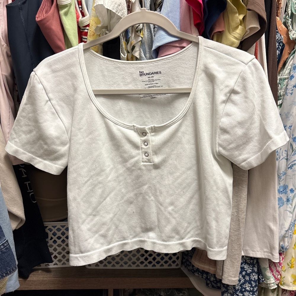 White Ribbed Henley Crop Top